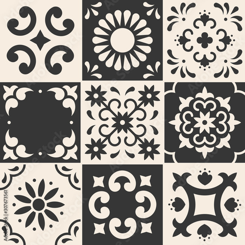 Mexican talavera pattern. Ceramic tiles in traditional style from Puebla. Mexico floral mosaic in blue and white. Folk art design.