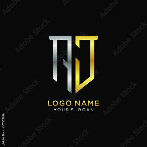 Abstract letter AJ shield logo design template. Premium nominal monogram business sign.shield shape Letter Design in silver gold color