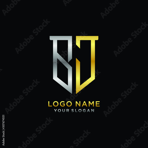 Abstract letter BJ shield logo design template. Premium nominal monogram business sign.shield shape Letter Design in silver gold color
