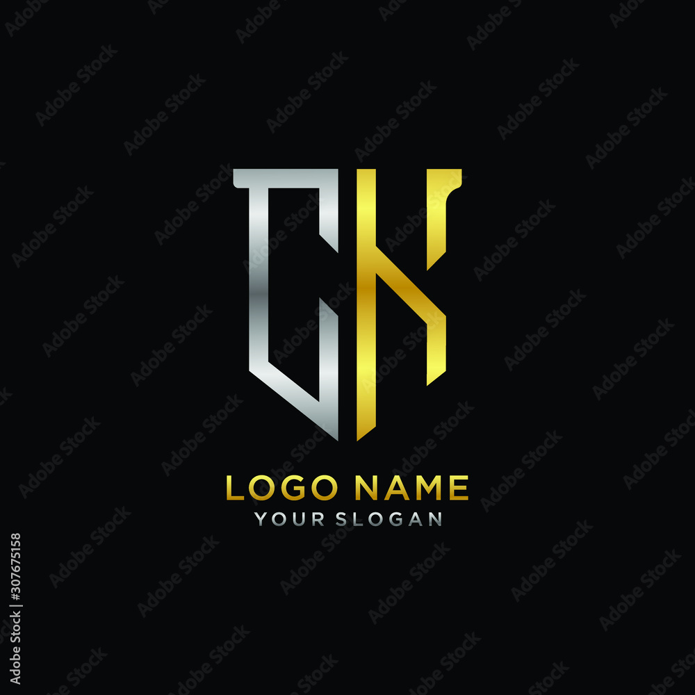 Abstract letter CK shield logo design template. Premium nominal monogram business sign.shield shape Letter Design in silver gold color