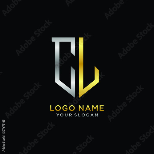 Abstract letter CL shield logo design template. Premium nominal monogram business sign.shield shape Letter Design in silver gold color