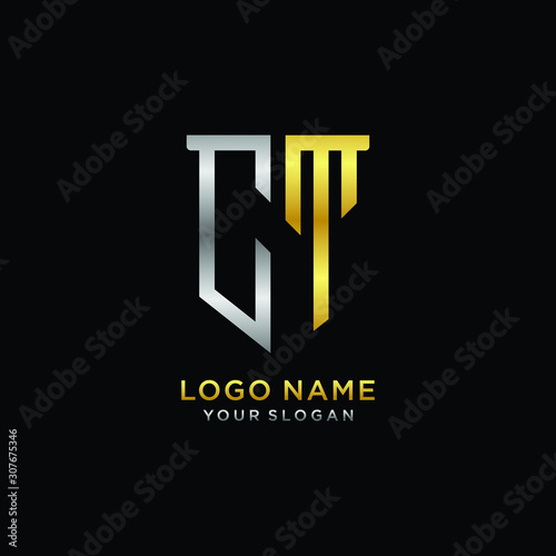 Abstract letter CT shield logo design template. Premium nominal monogram business sign.shield shape Letter Design in silver gold color