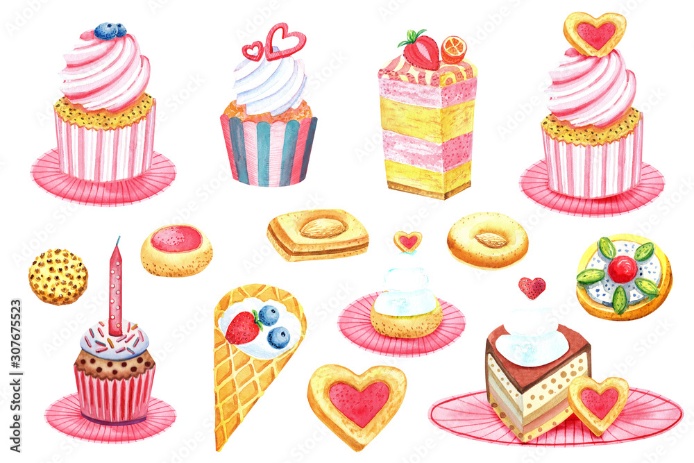 Clip art set Tea time, coffee cakes, chocolate cake, love heart, strawberry cakes, cookies, cream cakes. Stock illustration. Isolated elements on white background. Hand painted in watercolor. Clip art set Tea time, coffee cakes, chocolate cake, love heart, strawberry cakes, cookies, cream cakes. Stock illustration. Isolated elements on white background. Hand painted in watercolor.