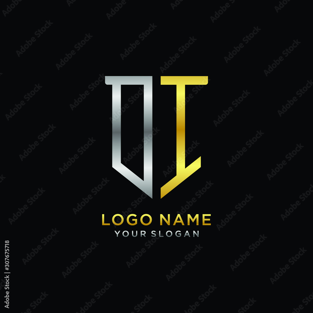 Abstract letter DI shield logo design template. Premium nominal monogram business sign.shield shape Letter Design in silver gold color Abstract letter DI shield logo design template. Premium nominal monogram business sign.shield shape Letter Design in silver gold color
