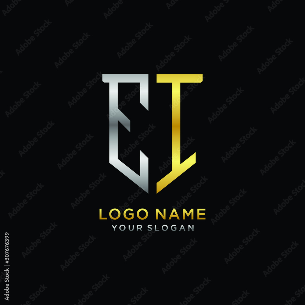 Obraz premium Abstract letter EI shield logo design template. Premium nominal monogram business sign.shield shape Letter Design in silver gold color