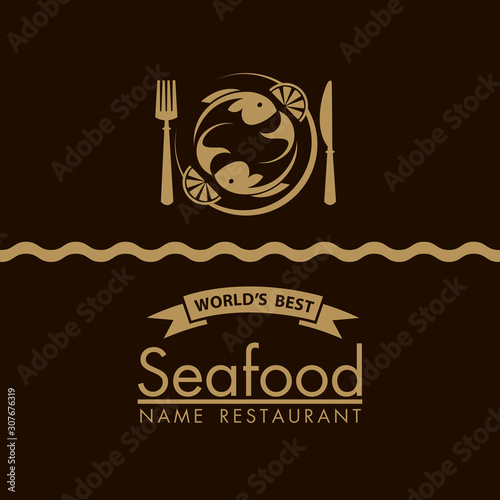 seafood menu design with fish and plate on black background