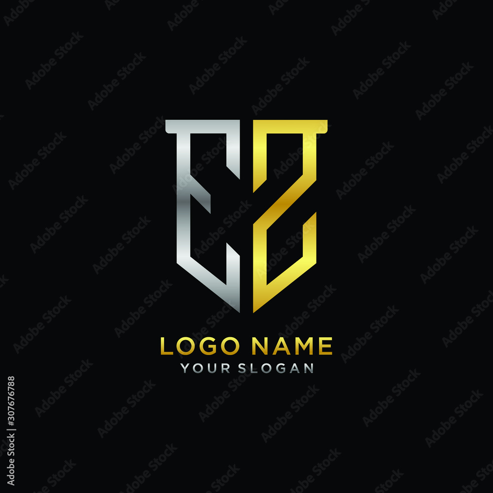 Fototapeta premium Abstract letter EZ shield logo design template. Premium nominal monogram business sign.shield shape Letter Design in silver gold color