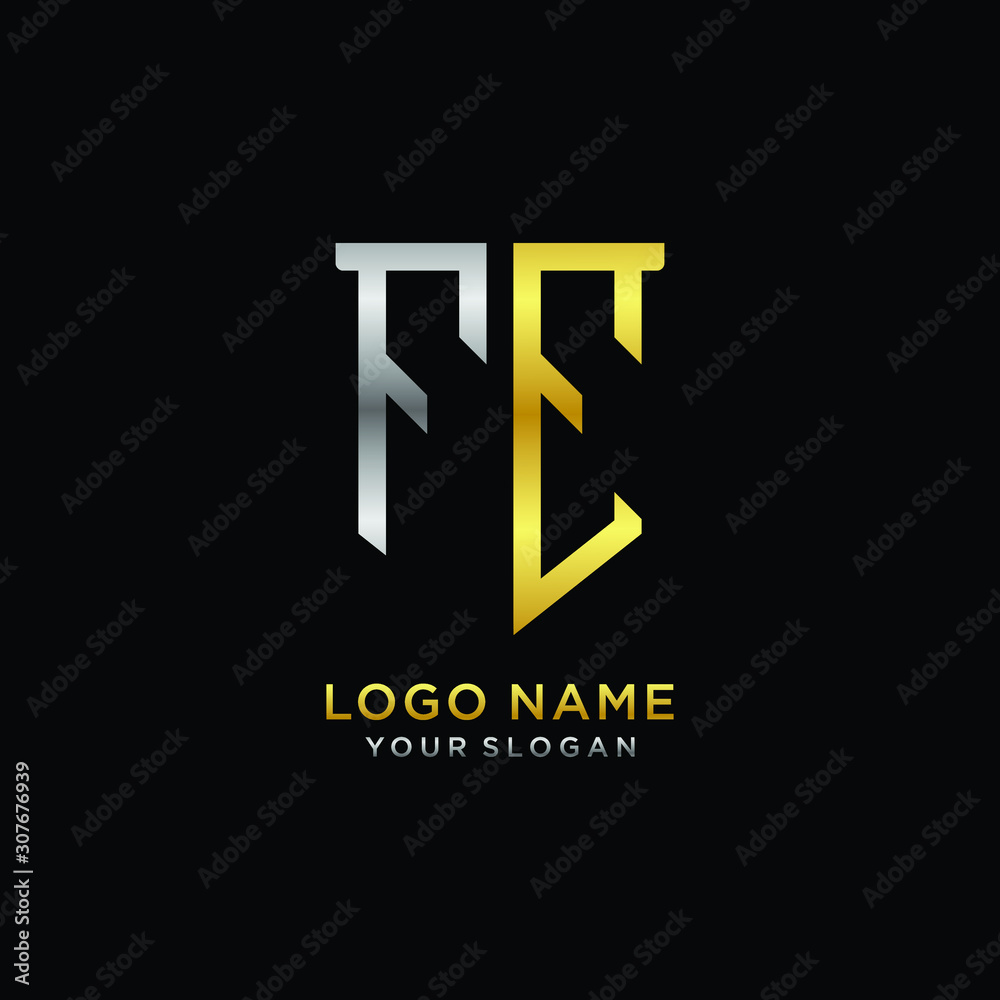 Fototapeta premium Abstract letter FE shield logo design template. Premium nominal monogram business sign.shield shape Letter Design in silver gold color