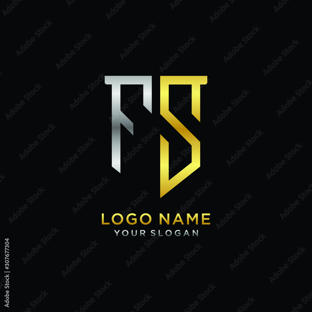 Obraz premium Abstract letter FS shield logo design template. Premium nominal monogram business sign.shield shape Letter Design in silver gold color