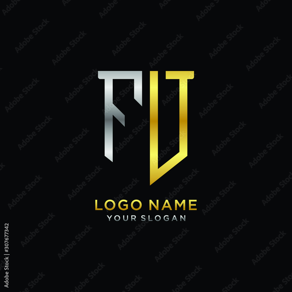 Abstract letter FV shield logo design template. Premium nominal monogram business sign.shield shape Letter Design in silver gold color Abstract letter FV shield logo design template. Premium nominal monogram business sign.shield shape Letter Design in silver gold color