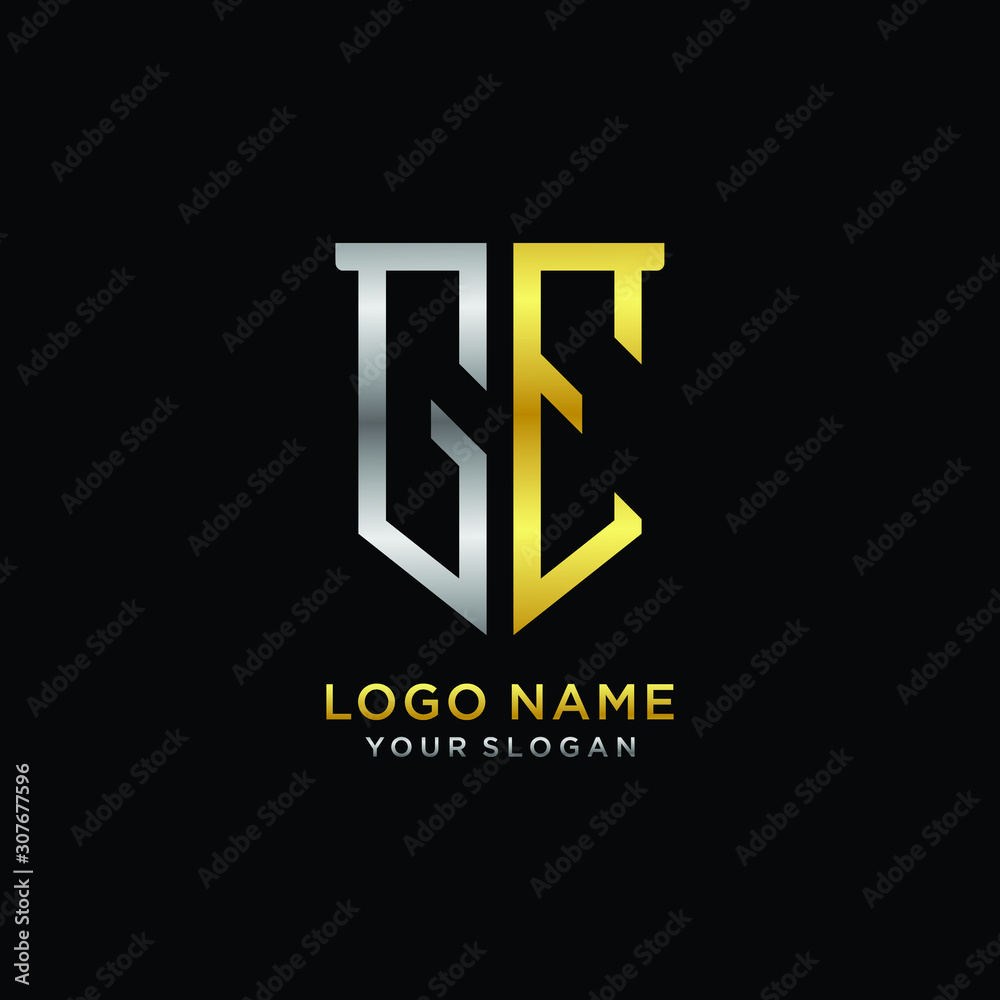 Obraz premium Abstract letter GE shield logo design template. Premium nominal monogram business sign.shield shape Letter Design in silver gold color