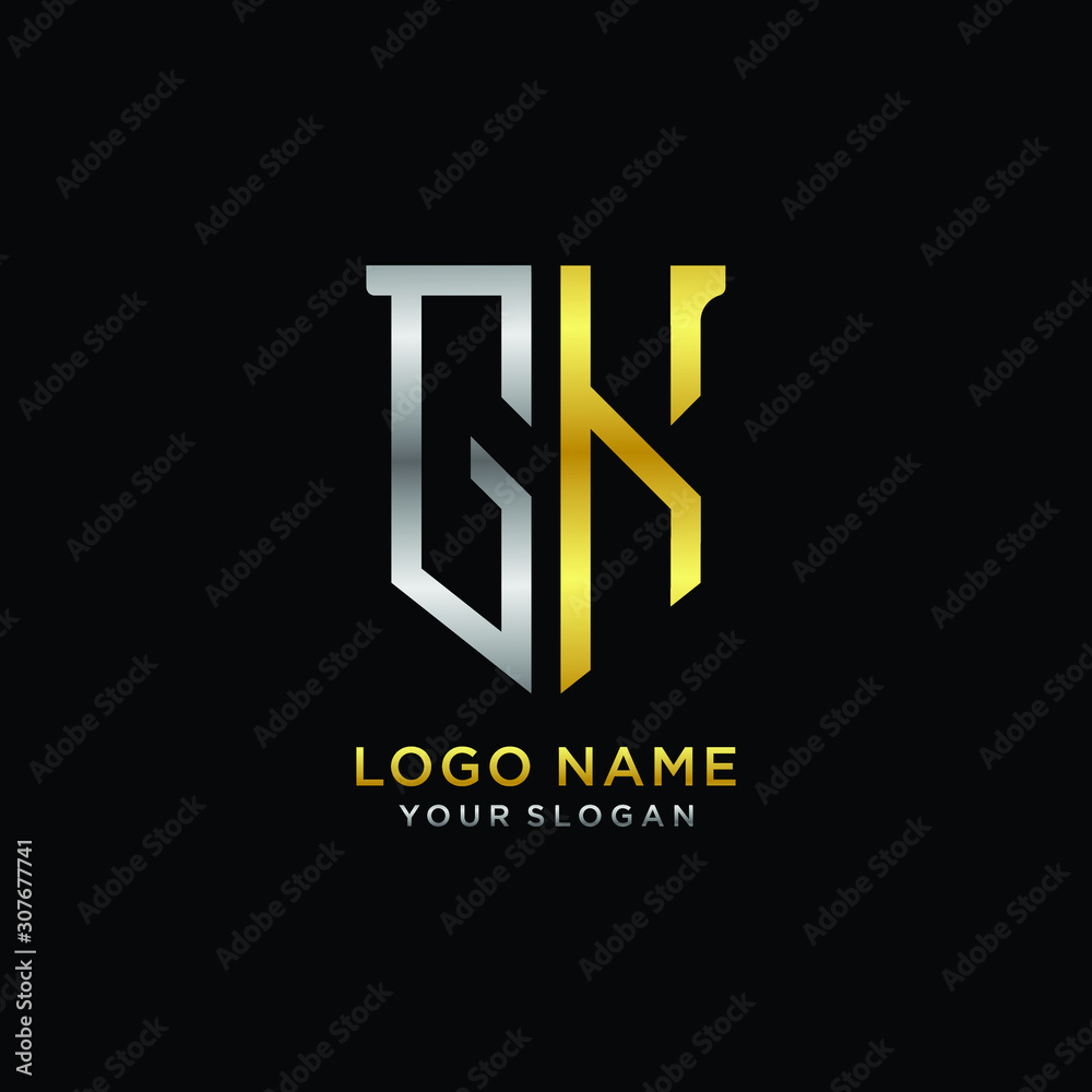 Abstract letter GK shield logo design template. Premium nominal monogram business sign.shield shape Letter Design in silver gold color Abstract letter GK shield logo design template. Premium nominal monogram business sign.shield shape Letter Design in silver gold color