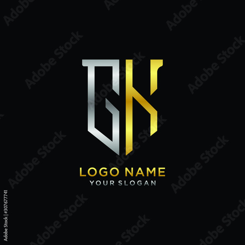 Abstract letter GK shield logo design template. Premium nominal monogram business sign.shield shape Letter Design in silver gold color