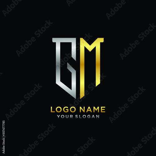 Abstract letter GM shield logo design template. Premium nominal monogram business sign.shield shape Letter Design in silver gold color