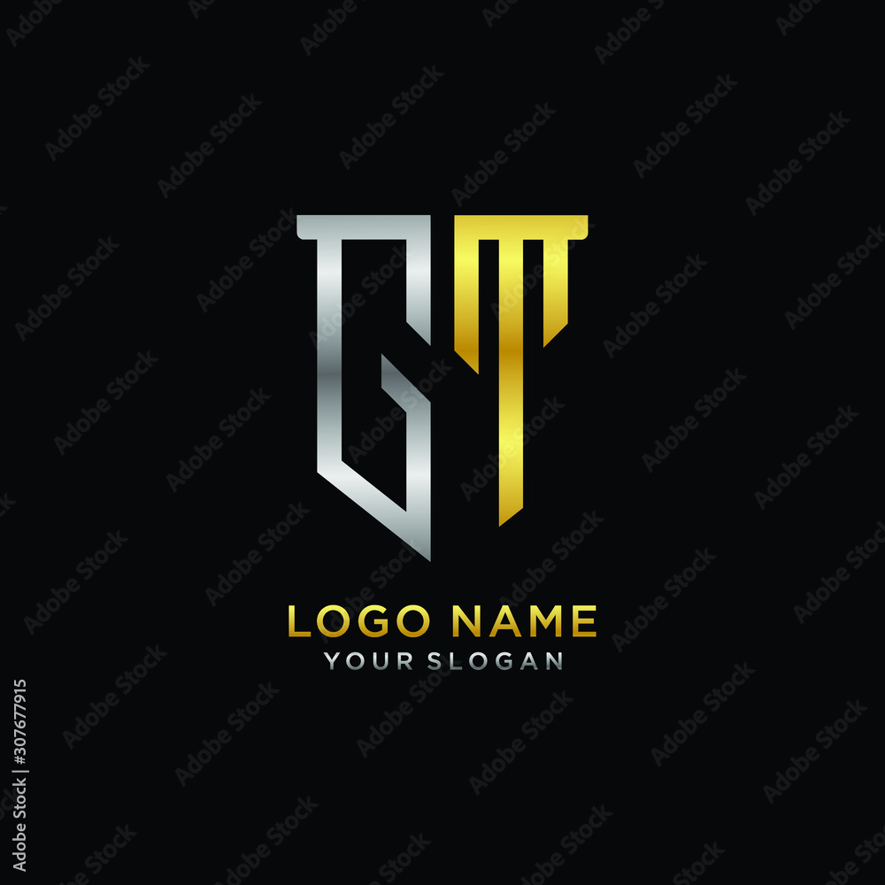 Abstract letter GT shield logo design template. Premium nominal monogram business sign.shield shape Letter Design in silver gold color