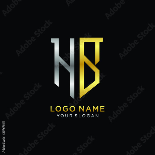 Abstract letter HB shield logo design template. Premium nominal monogram business sign.shield shape Letter Design in silver gold color
