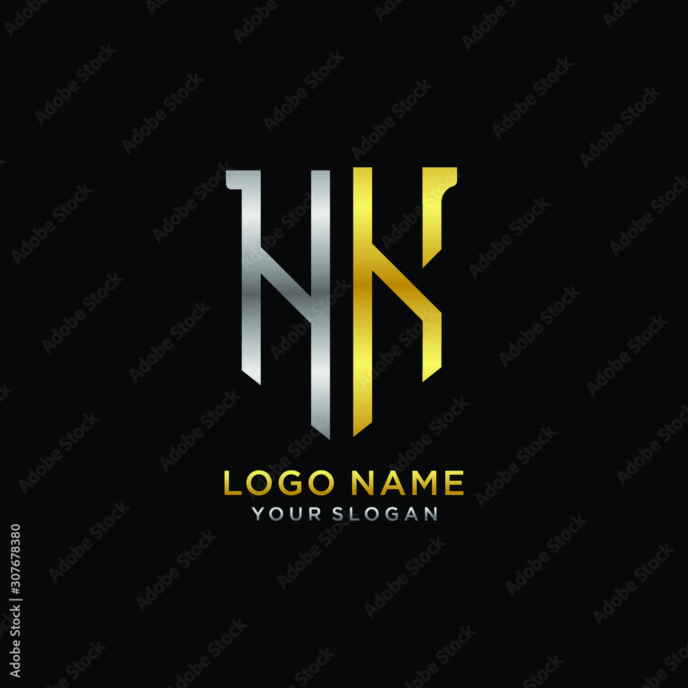 Abstract letter HK shield logo design template. Premium nominal monogram business sign.shield shape Letter Design in silver gold color Abstract letter HK shield logo design template. Premium nominal monogram business sign.shield shape Letter Design in silver gold color
