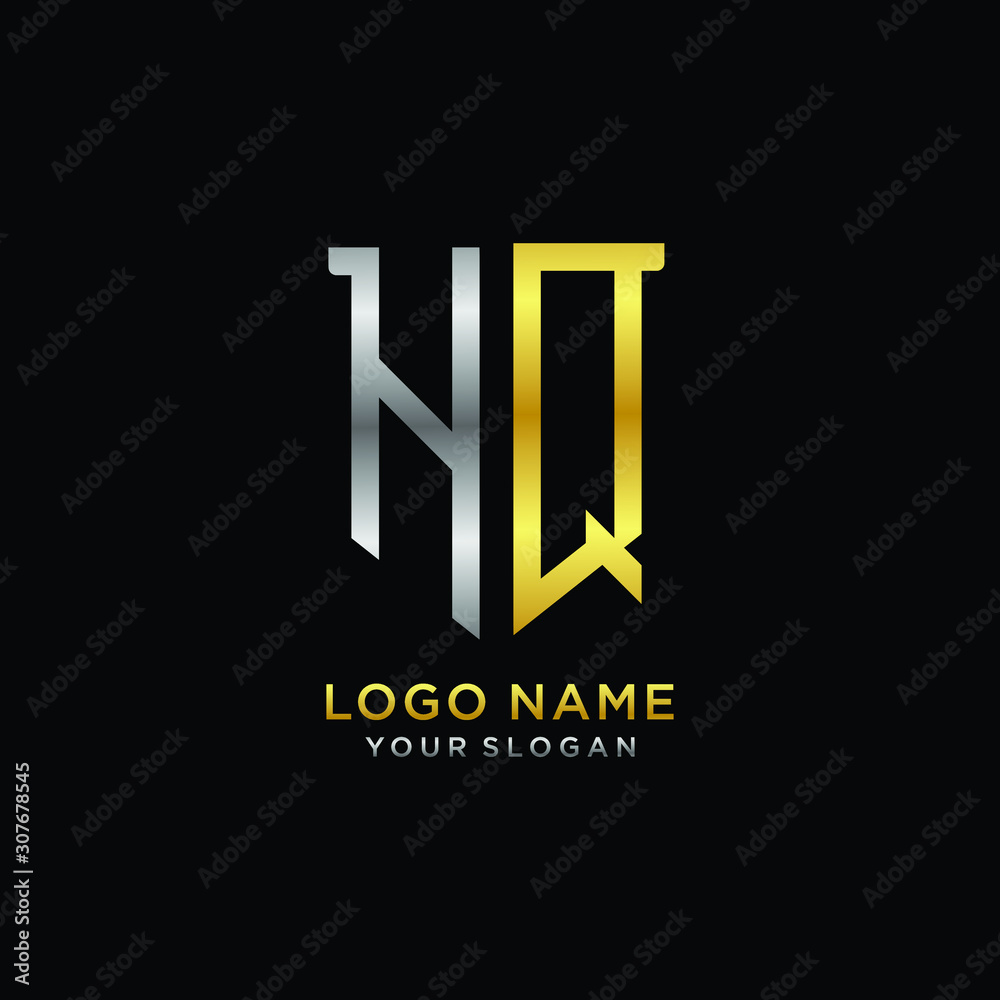 Abstract letter HQ shield logo design template. Premium nominal monogram business sign.shield shape Letter Design in silver gold color Abstract letter HQ shield logo design template. Premium nominal monogram business sign.shield shape Letter Design in silver gold color