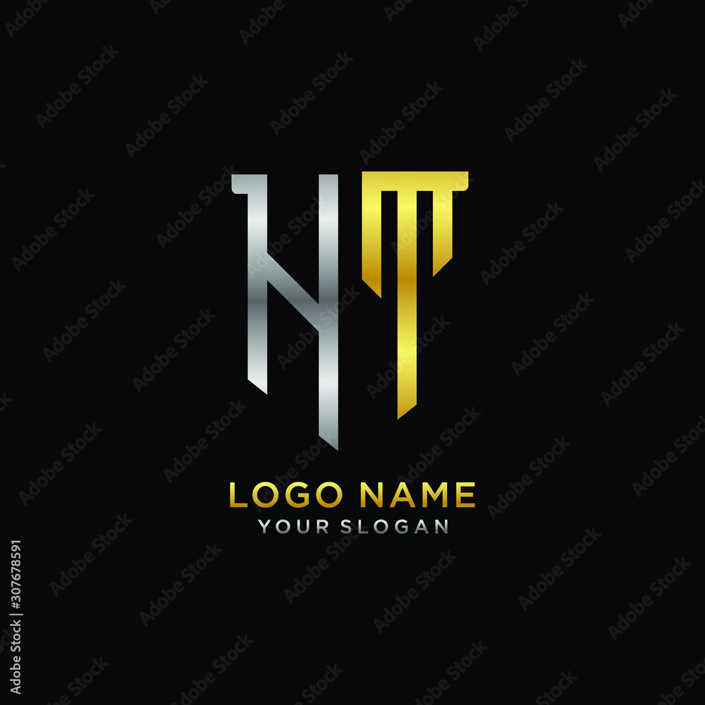 Abstract letter HT shield logo design template. Premium nominal monogram business sign.shield shape Letter Design in silver gold color