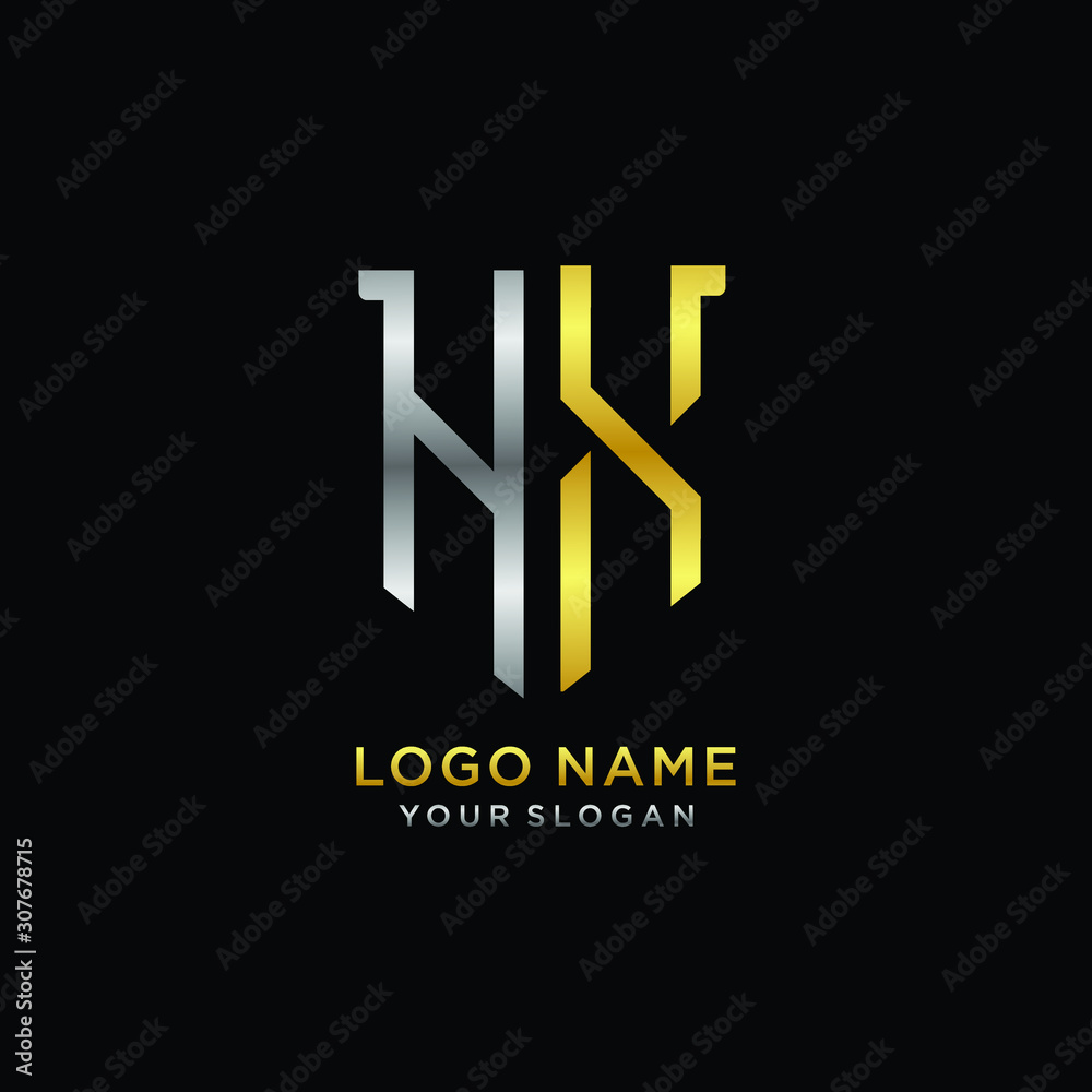 Abstract letter HX shield logo design template. Premium nominal monogram business sign.shield shape Letter Design in silver gold color Abstract letter HX shield logo design template. Premium nominal monogram business sign.shield shape Letter Design in silver gold color