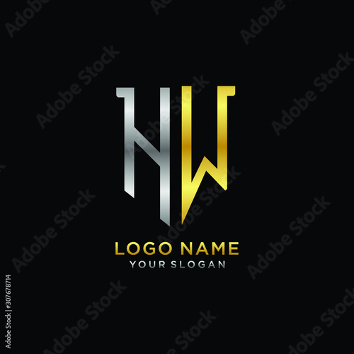 Abstract letter HW shield logo design template. Premium nominal monogram business sign.shield shape Letter Design in silver gold color