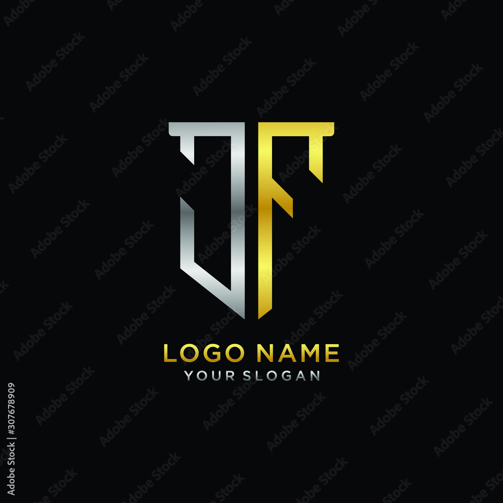 Obraz premium Abstract letter JF shield logo design template. Premium nominal monogram business sign.shield shape Letter Design in silver gold color