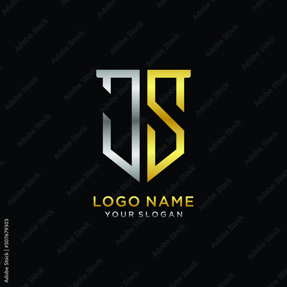 Obraz premium Abstract letter JS shield logo design template. Premium nominal monogram business sign.shield shape Letter Design in silver gold color