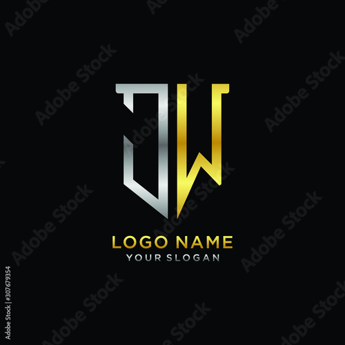 Abstract letter JW shield logo design template. Premium nominal monogram business sign.shield shape Letter Design in silver gold color