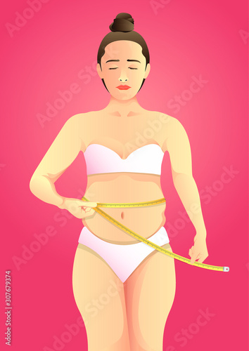 stock vector illustration of fat sad woman waist with measuring tape. describe body goals, body care, and weight loss