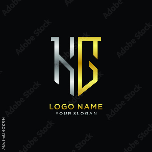 Abstract letter KG shield logo design template. Premium nominal monogram business sign.shield shape Letter Design in silver gold color