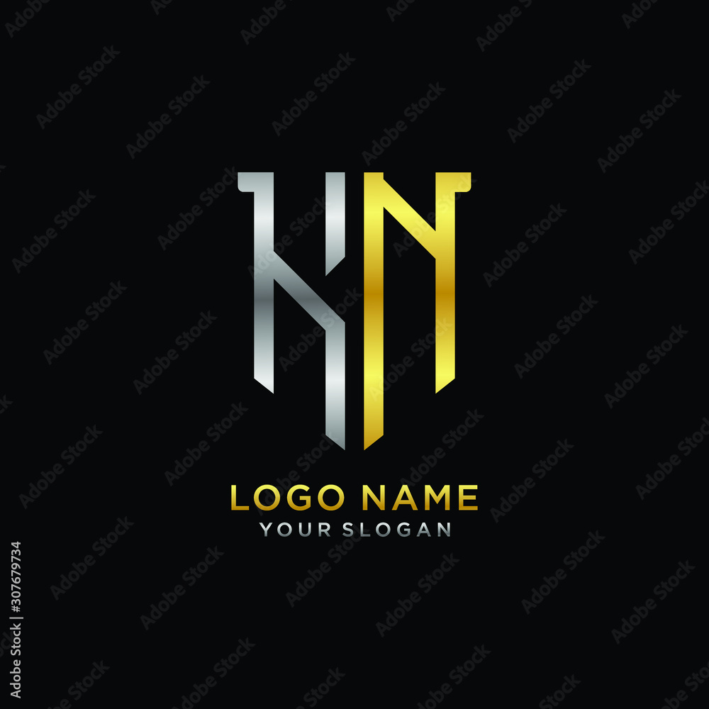 Abstract letter KN shield logo design template. Premium nominal monogram business sign.shield shape Letter Design in silver gold color