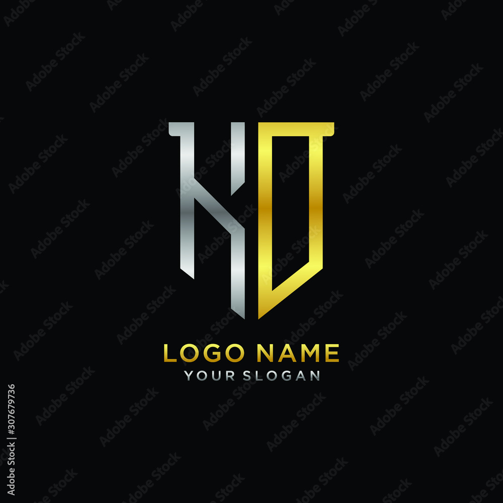 Abstract letter KO shield logo design template. Premium nominal monogram business sign.shield shape Letter Design in silver gold color Abstract letter KO shield logo design template. Premium nominal monogram business sign.shield shape Letter Design in silver gold color