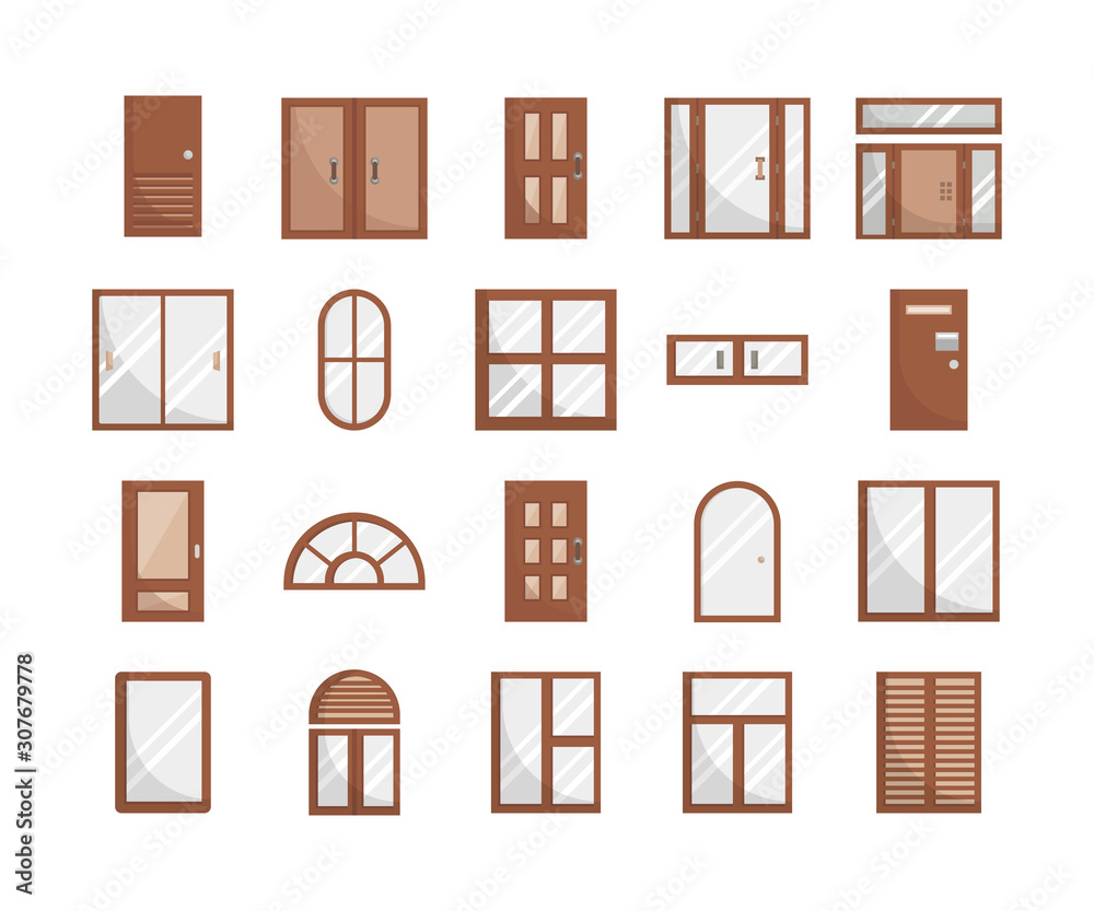door and window flat icon set, vector and illustration, interior design