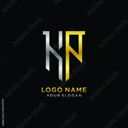 Abstract letter KP shield logo design template. Premium nominal monogram business sign.shield shape Letter Design in silver gold color