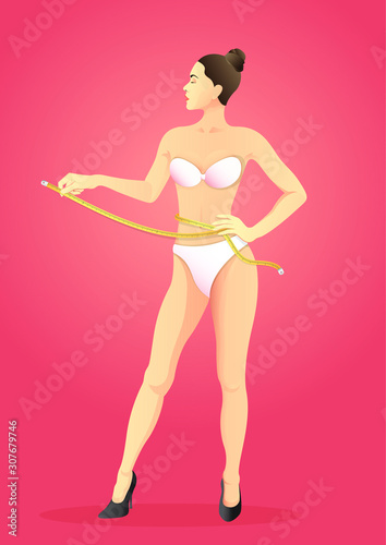 stock vector illustration of slim woman holding measuring tape on waist. describe healthy, body goals, body care, and weight loss