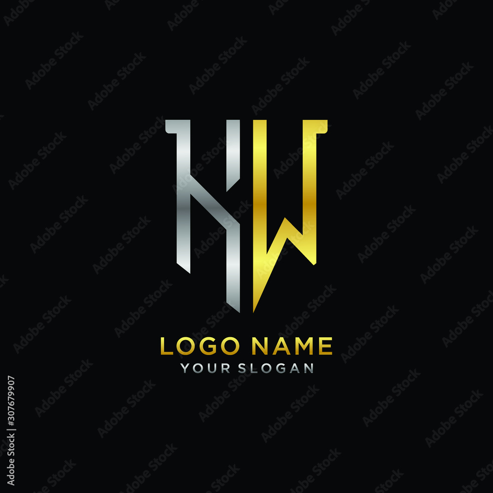 Abstract letter KW shield logo design template. Premium nominal monogram business sign.shield shape Letter Design in silver gold color