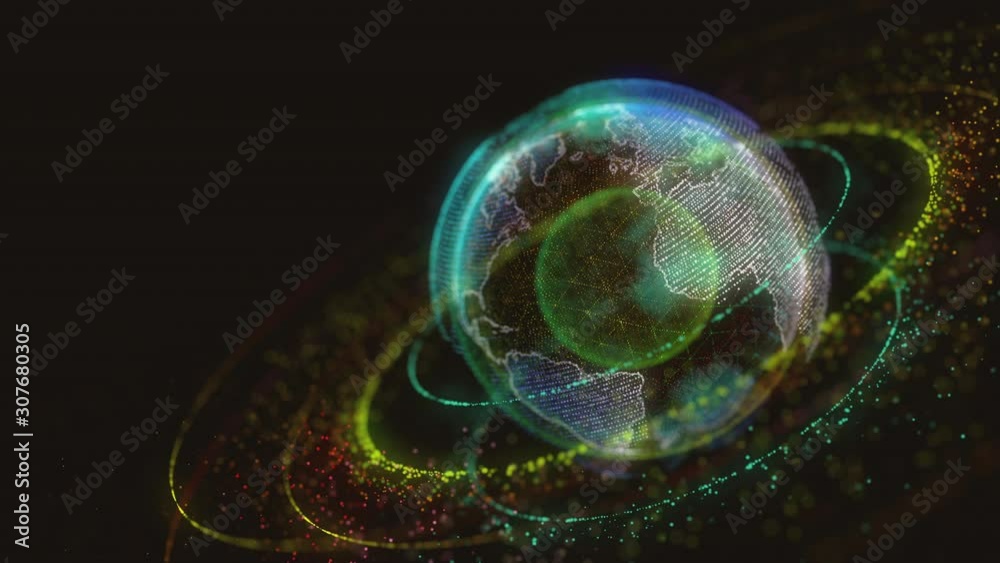 3D animation of space with digital exploding Earth. Digital globe with star dust rings on a nebula background