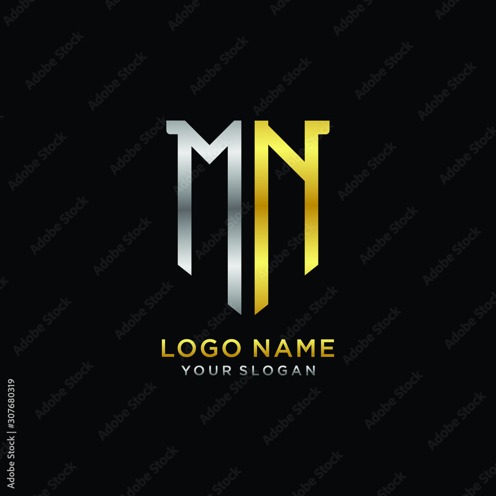 Abstract letter MN shield logo design template. Premium nominal monogram business sign.shield shape Letter Design in silver gold color