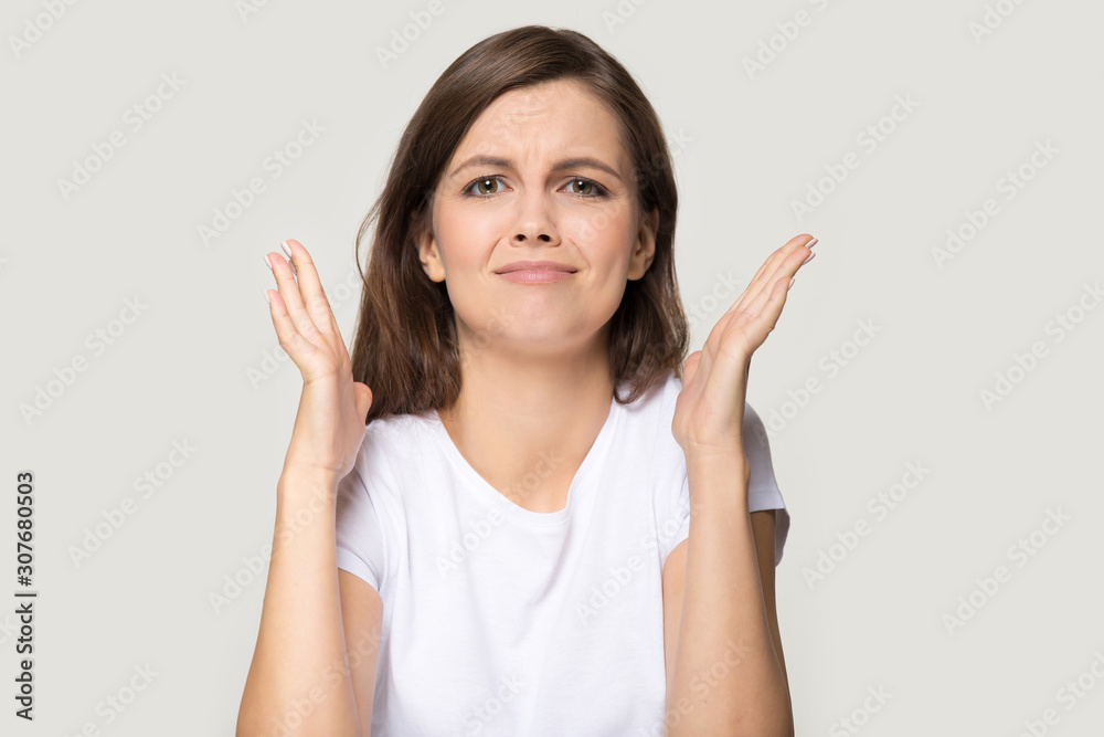 Millennial woman expressing disappointment asking for forgiveness apology sorry Millennial woman expressing disappointment asking for forgiveness apology sorry