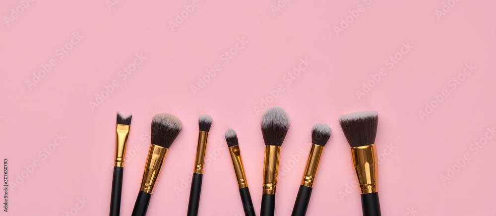 Fashion cosmetic makeup Set. Minimal. Beauty product on pink background.  Trendy accessories, cosmetics, brushes art fashionable Flat lay. Creative  colorful make up concept, banner Stock Photo | Adobe Stock
