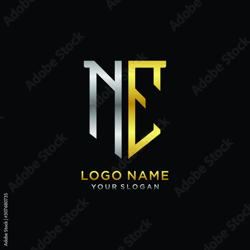 Abstract letter NE shield logo design template. Premium nominal monogram business sign.shield shape Letter Design in silver gold color