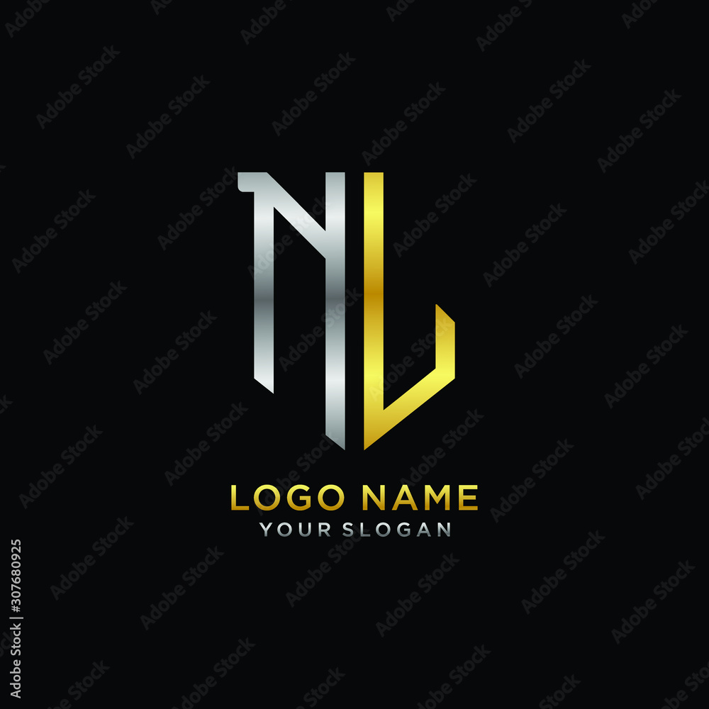 Abstract letter NL shield logo design template. Premium nominal monogram business sign.shield shape Letter Design in silver gold color Abstract letter NL shield logo design template. Premium nominal monogram business sign.shield shape Letter Design in silver gold color