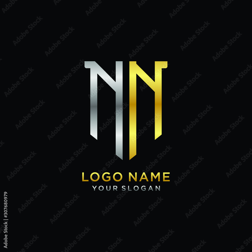 Abstract letter NN shield logo design template. Premium nominal monogram business sign.shield shape Letter Design in silver gold color Abstract letter NN shield logo design template. Premium nominal monogram business sign.shield shape Letter Design in silver gold color