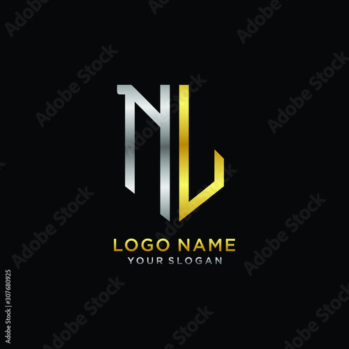 Abstract letter NL shield logo design template. Premium nominal monogram business sign.shield shape Letter Design in silver gold color