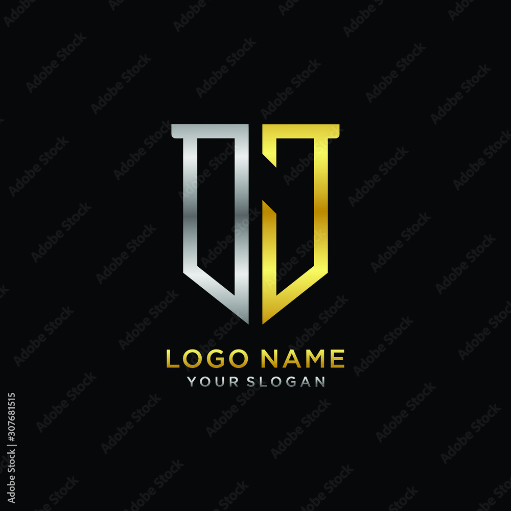 Abstract letter OJ shield logo design template. Premium nominal monogram business sign.shield shape Letter Design in silver gold color