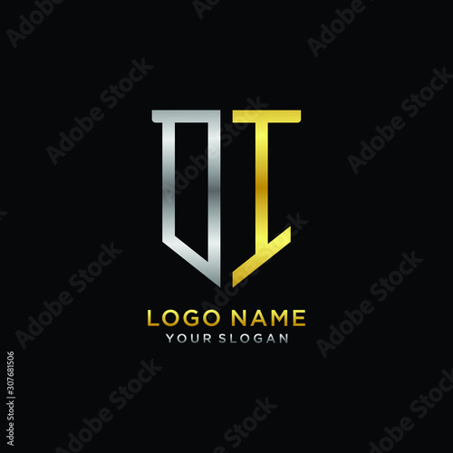 Abstract letter OI shield logo design template. Premium nominal monogram business sign.shield shape Letter Design in silver gold color