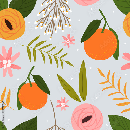 Mandarins and flowers seamless pattern for print, textile, fabric. Modern seasonal winter pattern with fruits.