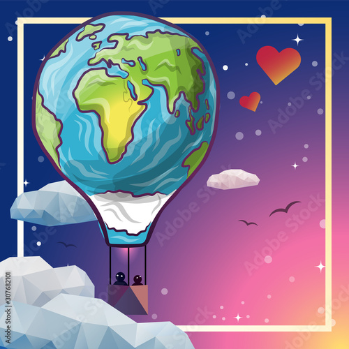 Greeting card design for Saint Valentines day and traveling, couple in air balloon shaped like a globe. Vector file available.