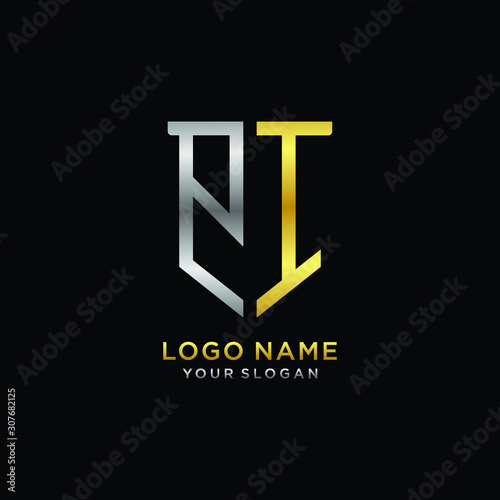 Abstract letter PI shield logo design template. Premium nominal monogram business sign.shield shape Letter Design in silver gold color