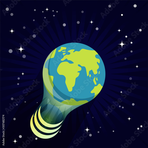 Global idea concept vector illustration, lightbulb shaped as a globe on starry space sky background